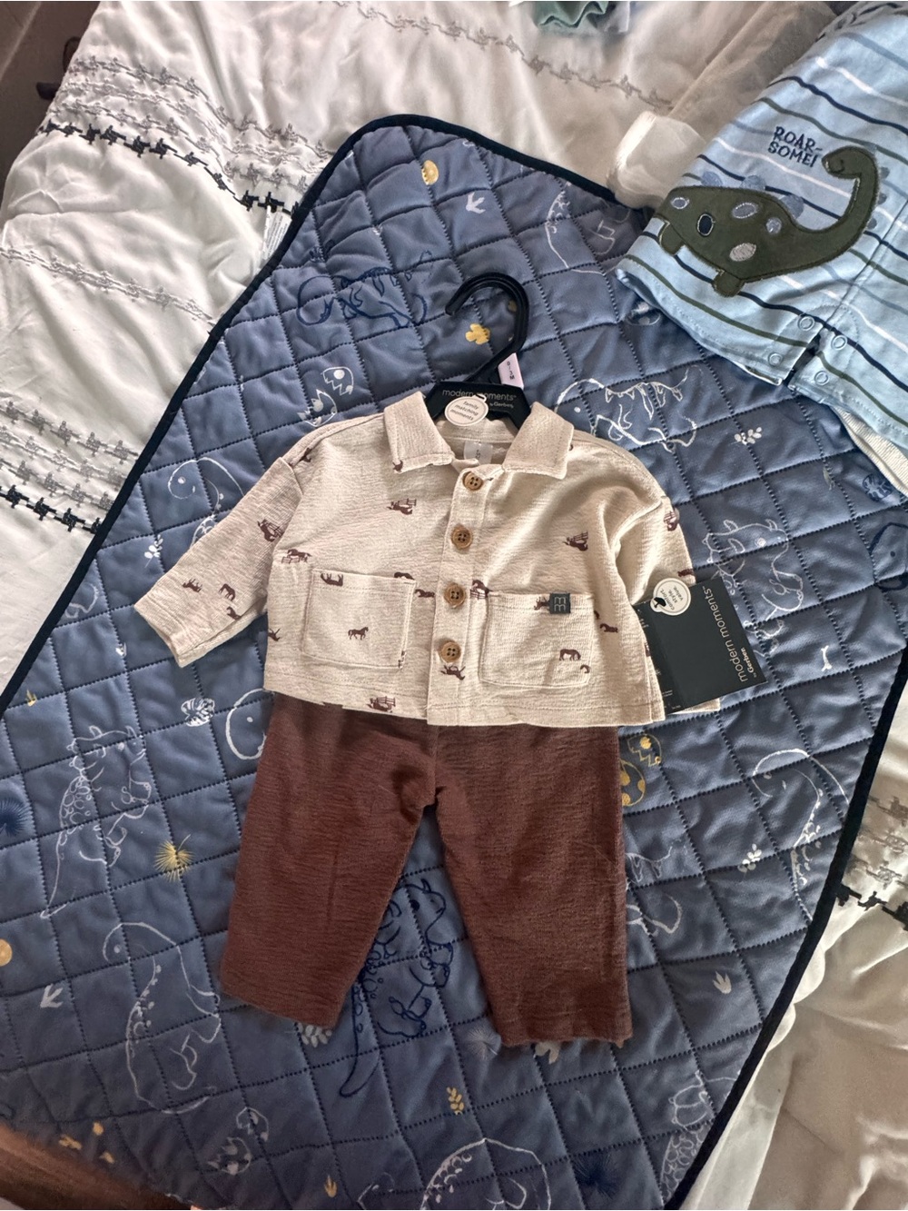 Two-Piece Baby Outfit - Neutral Knit Top & Brown Pants